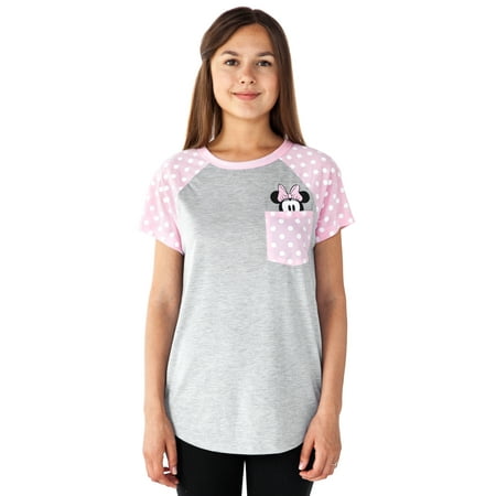 Juniors Minnie Mouse Peeking Pocket T-Shirt Polka-Dots Pink