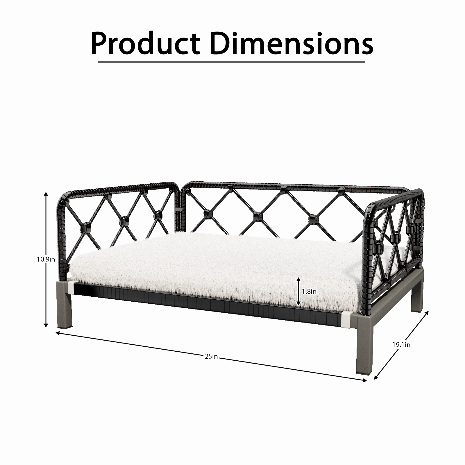 Wallowsun Wicker Dog Bed with 2'' Cushion,Rattan Dog Sofa Bed for Small Medium Dogs– Indoor/Outdoor Metal Frame Pet Bed up 66lbs(Black Rattan White Cushion)