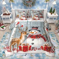 Manfei Kawaii Cartoon Snowman Bedding Comforter Set 7 Pieces, Magic Jungle Reindeer Full Bedding Set, Happy New Year Reversible Fitted Sheet Flat Sheet, Ultra Soft Bedroom Decor