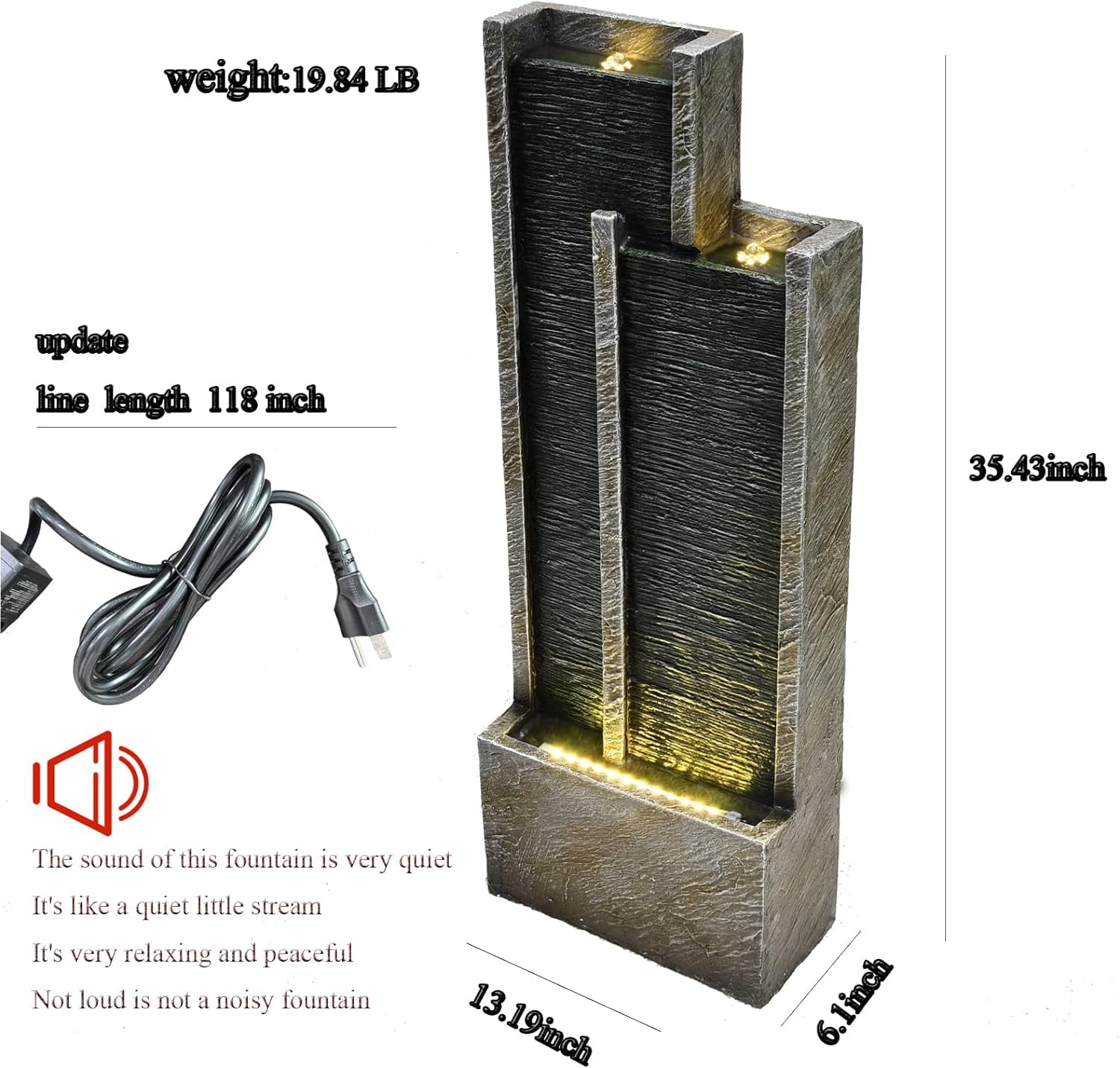 Water Fountain Outdoor Garden- 35.43 Inches Square Outdoor Water Fountains Indoor with Led Lights Floor Standing Waterfall Fountain for Backyard and Garden Small Porch Home,Deck