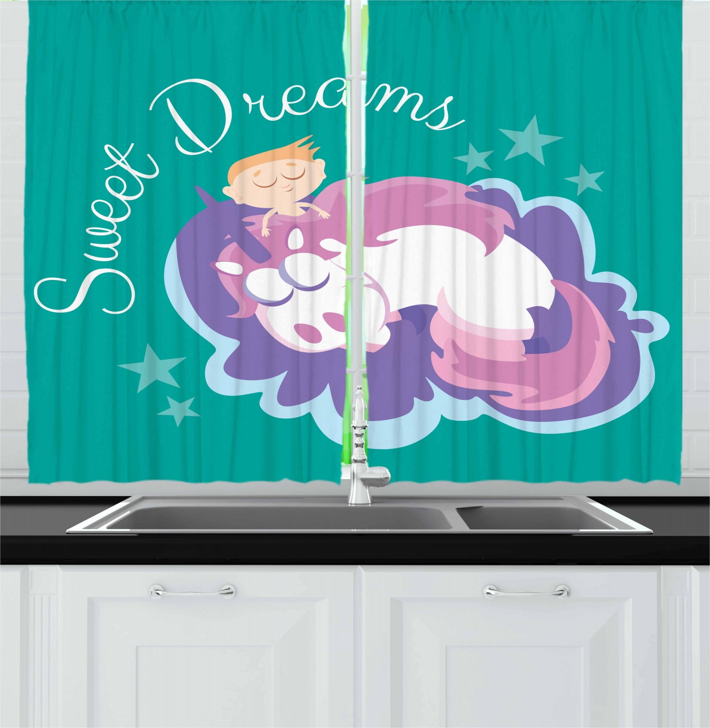 Sweet Dreams Curtains 2 Panels Set, Cartoon Fantastic Horse with a Horn Mythical Creature Sleeping Next to a Boy, Window Drapes for Living Room Bedroom, 55W X 39L Inches, Multicolor, by Ambesonne