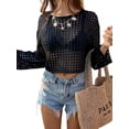 thumbnail image 3 of Haut Court au Crochet en Résille pour Femme à Manches Longues, Col Rond, Transparent, Ajouré, en Maille, par-Dessus de Bikini, Noir, G, 3 of 7