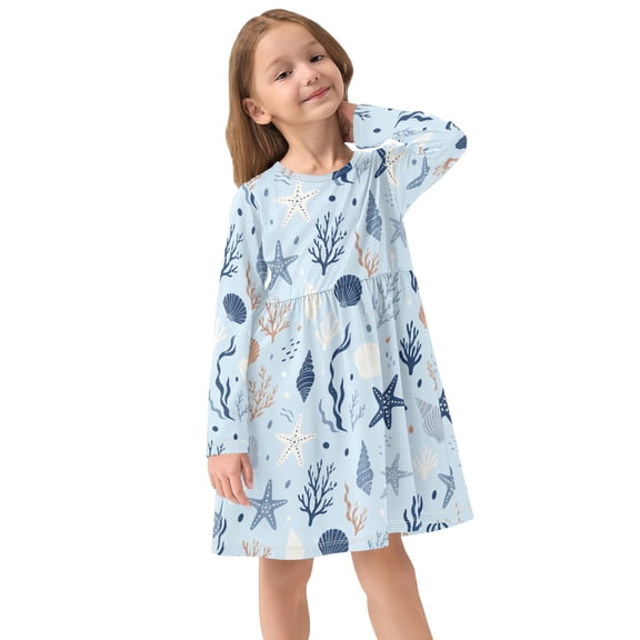 Girls Dress Soft Casual Long Sleeve Cute Dress for Girls Fashion Prints Shell and Coral Crew Neck