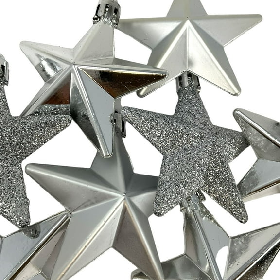 8 Piece Shiny, Matte & Glitter Silver Star Christmas Ornament Decoration 2 Inch