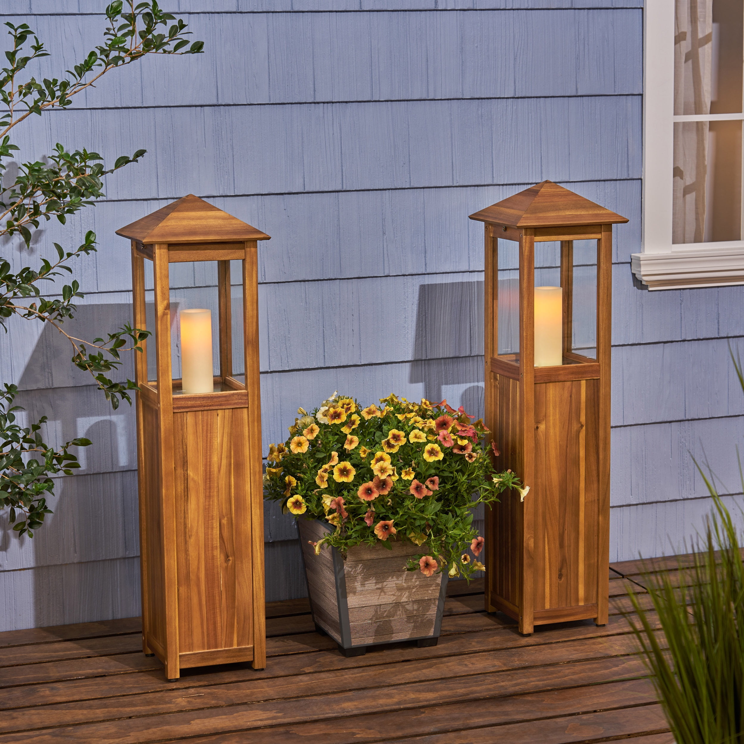 Hugo Outdoor Acacia Wood Candle Lanterns, Set of 2, Teak
