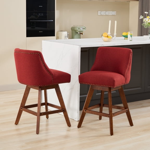 Counter Height Swivel Barstools, Set of 2, 26 Inch Seat Height, Upholstered Fabric Stools with Wood Legs, Ivory-Red