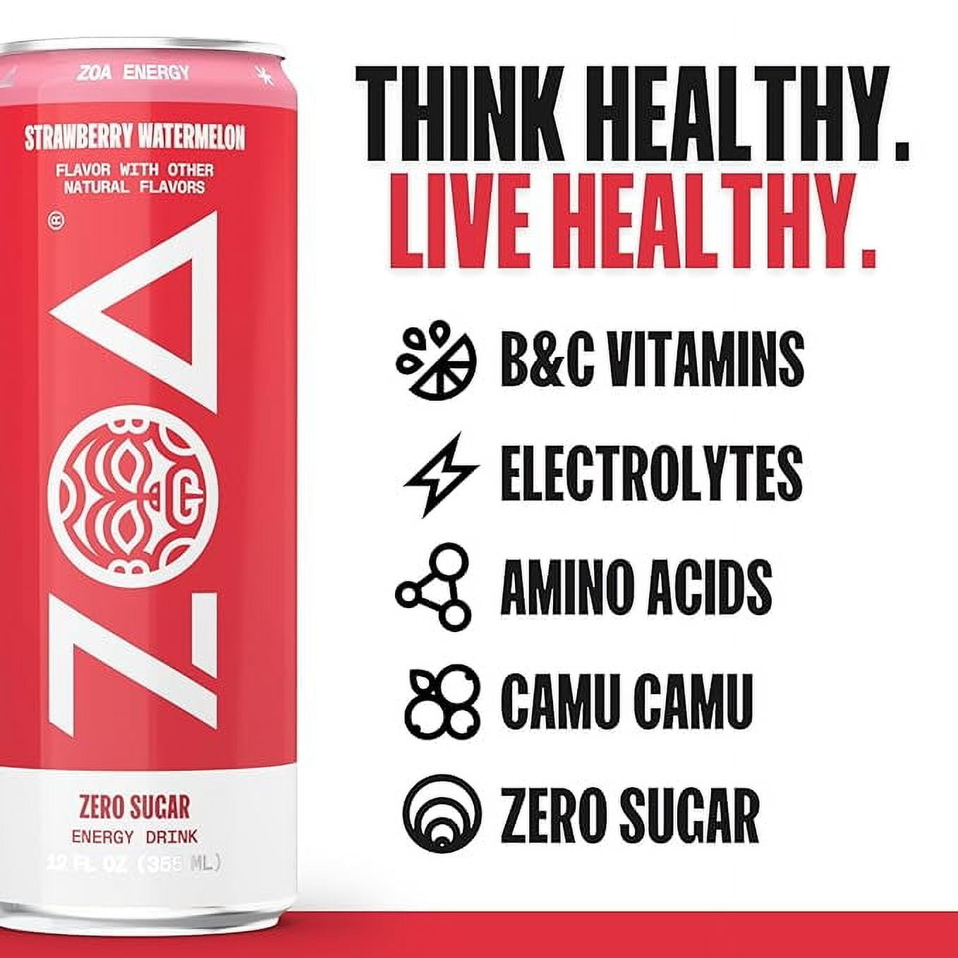 ZOA Zero Sugar Naturally Caffeinated Energy Drink, Strawberry Watermelon, 12oz (12-Pack)