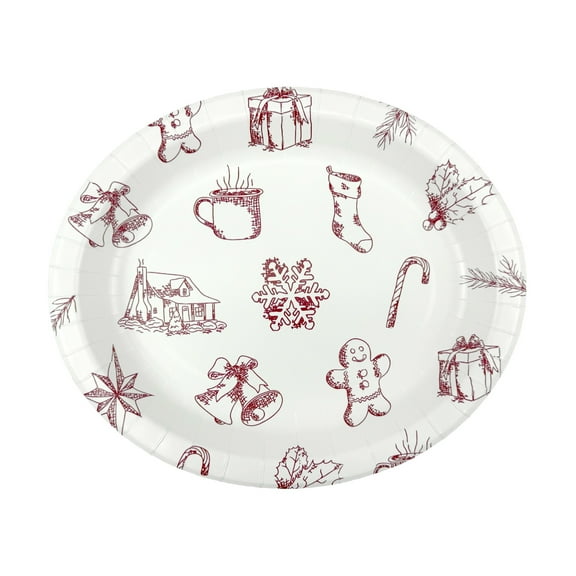 Christmas Elements Disposable Oval Paper Plates, Red and White, 12" x 10.5", 40 Count, by Holiday Time