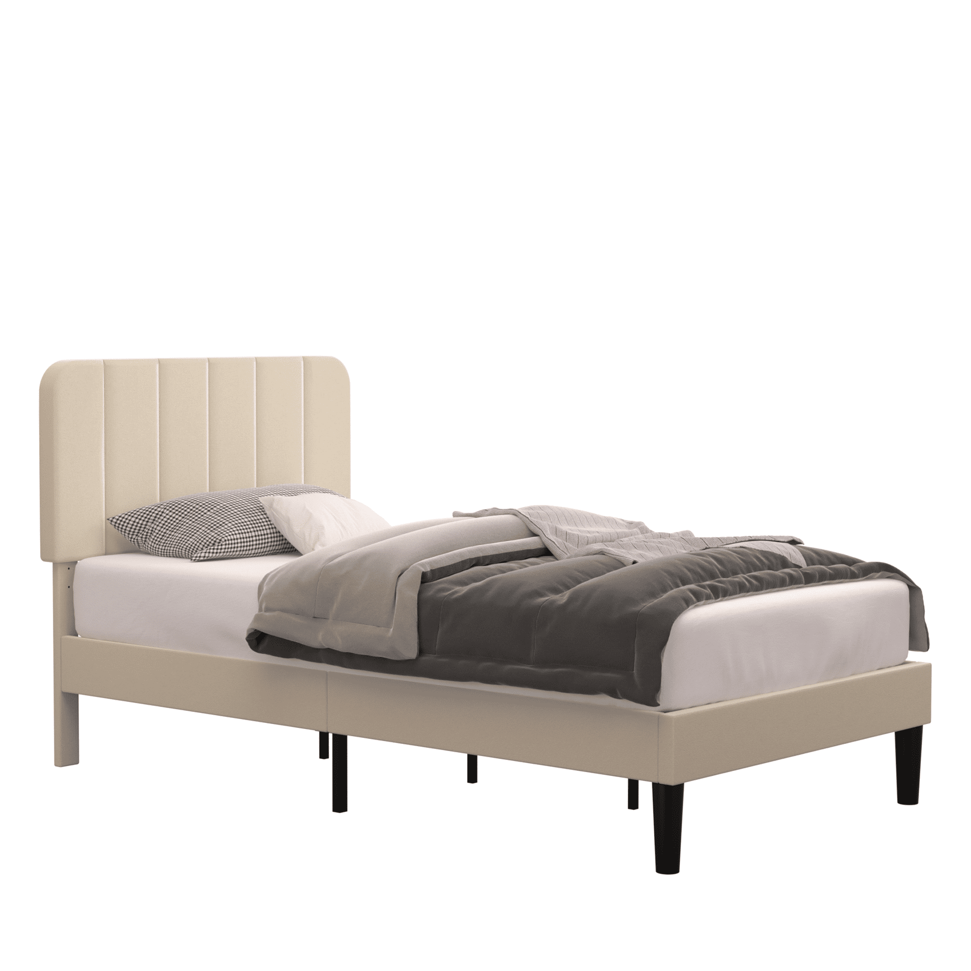Taomika, Twin Size Upholstered Platform Bed Frame with Adjustable Headboard-Beige