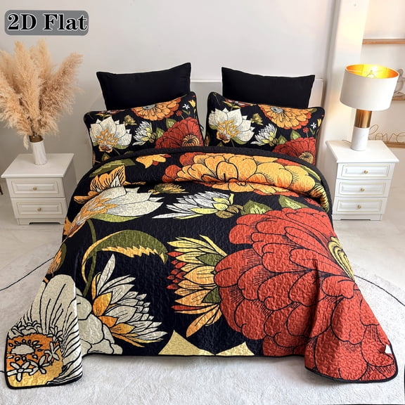 2/3PCS Black Background Floral Bedspread Set,1 Bedspread 1/2 Pillowcases,Quilting Craft Multi-Color Ultra Soft Skin-Friendly Fabric All Season Use Machine Washable(Twin)
