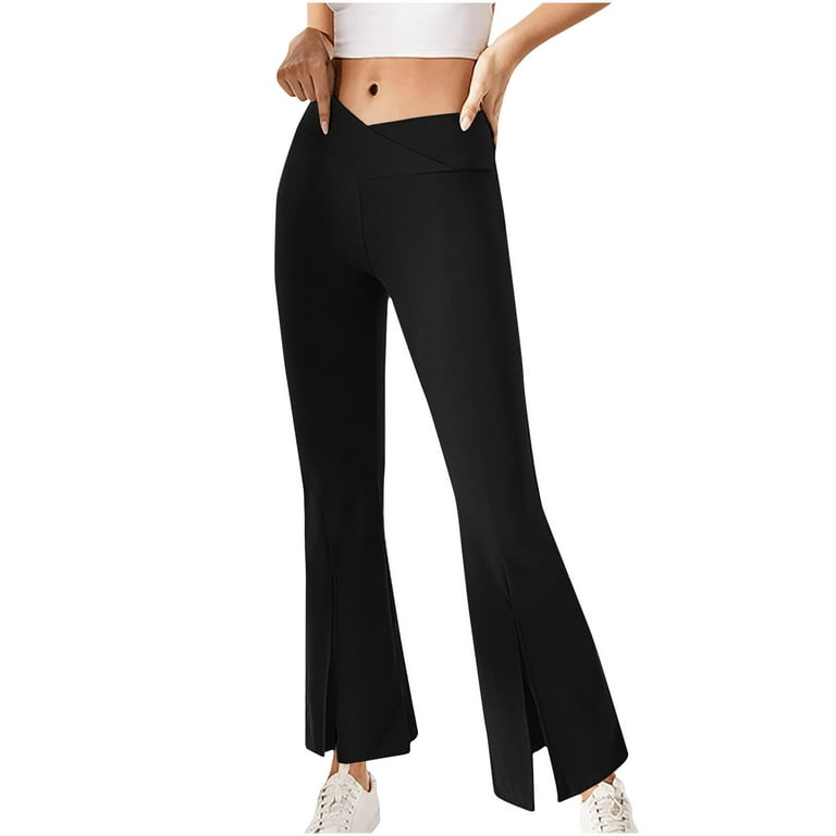 RQYYD Clearance Women's Crossover High Waisted Bootcut Yoga Pants Flutter  Leggings Front Split Flare Leg Workout Pants Work Pants(Black,L) 