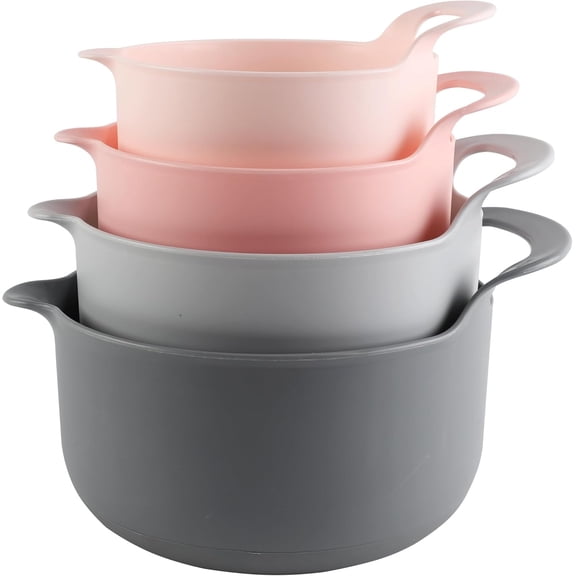 Nesting Plastic Mixing Bowl Set with Pour Spouts and Handles Pink 4 Piece Non-Slip