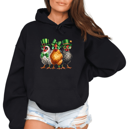 Women's St Patrick Day Leprechaun Chicken Clover Graphic Comfortable Hoodie Casual Hooded long-sleeved Black S-2XL