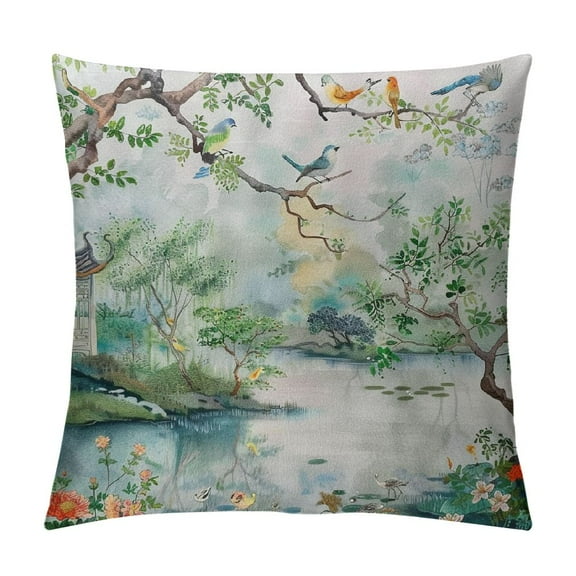 Creowell Chinoiserie Pillow Cover , Asian Scenic Green Decorative Throw Pillow Case Cushion Cover for Bedroom Sofa Living Room Couch Chair Office