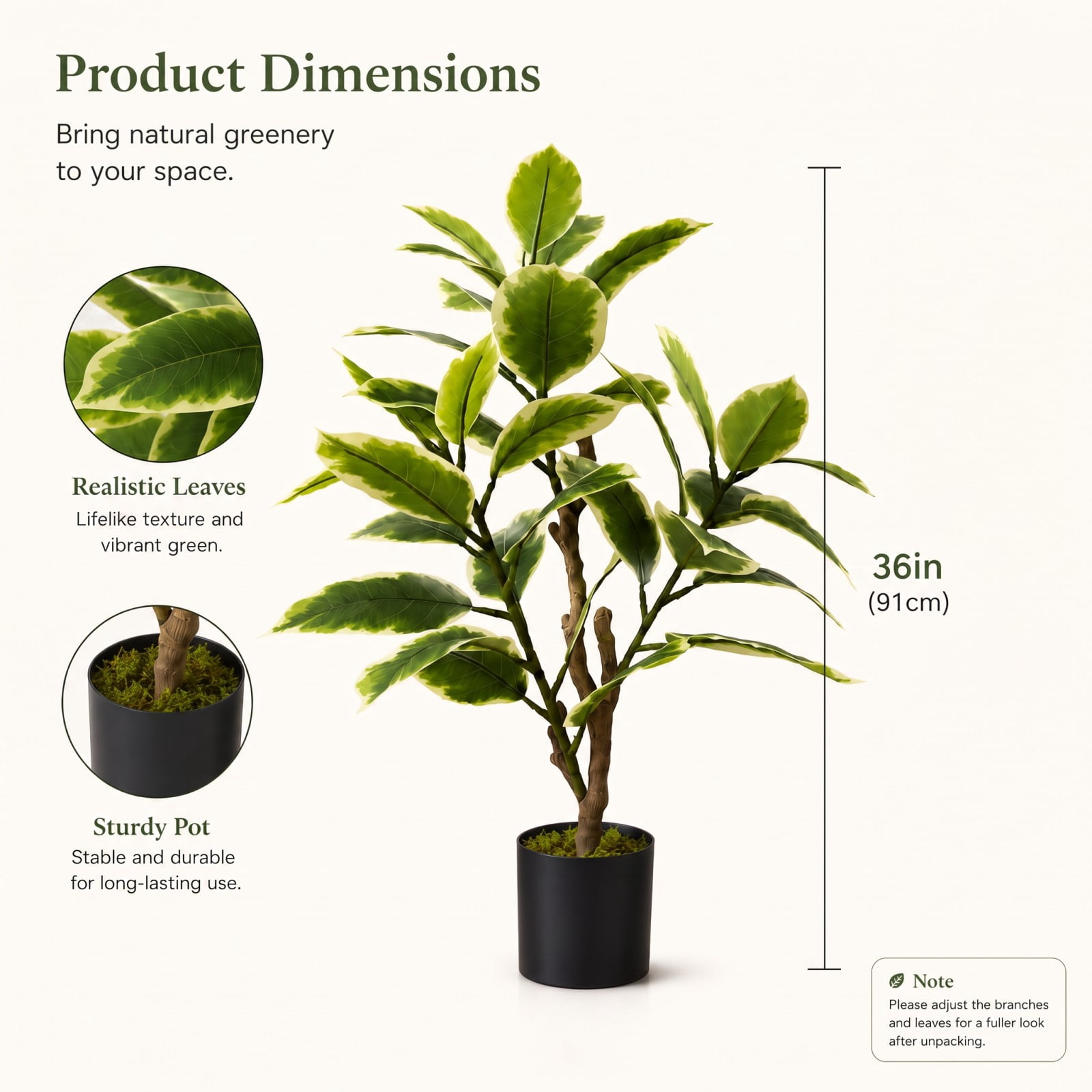 BEAUTYPEAK 3FT Artificial Plant Fake Indoor Rubber Tree Decorative Outdoor Greenery in Black Pot