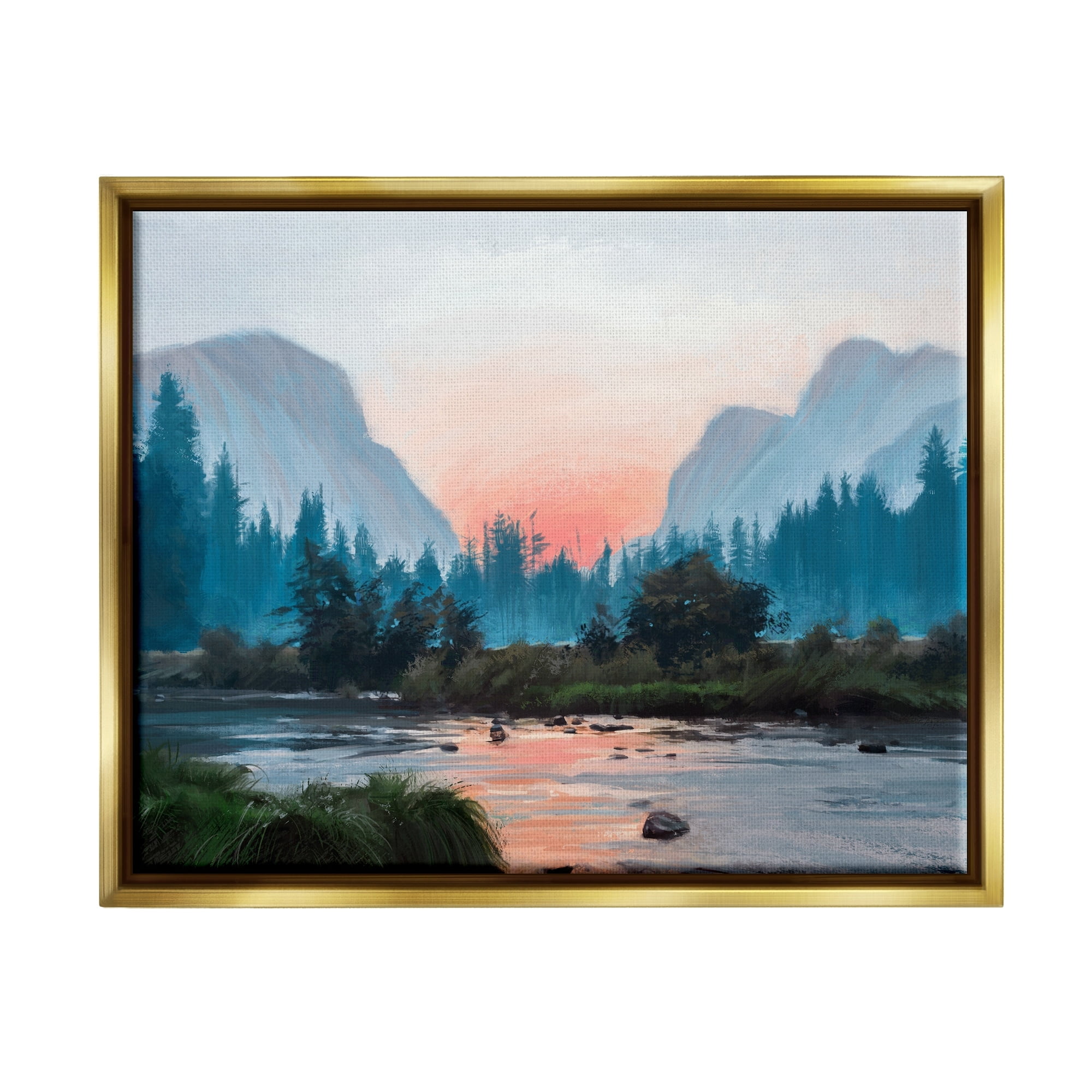 Stupell Industries Mountain Valley Tranquil Sunset Lake Reflection Painting Metallic Gold Floating Framed Canvas Print Wall Art, Design by Ziwei Li