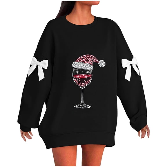 Oplxuo Ugly Sweaters for Women Christmas Graphic Oversized Sweatshirts Fleece Funny Pullover Party Holiday Tops with Bows