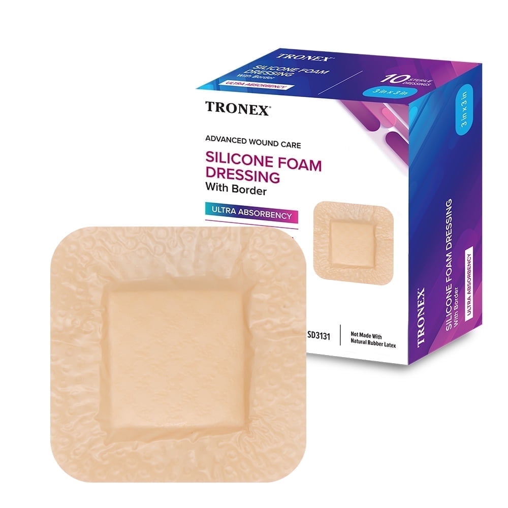 Tronex Silicone Foam Dressing, 3" x 3", Adhesive, Waterproof, Sterile, Absorbent, Latex-Free, Pack of 10