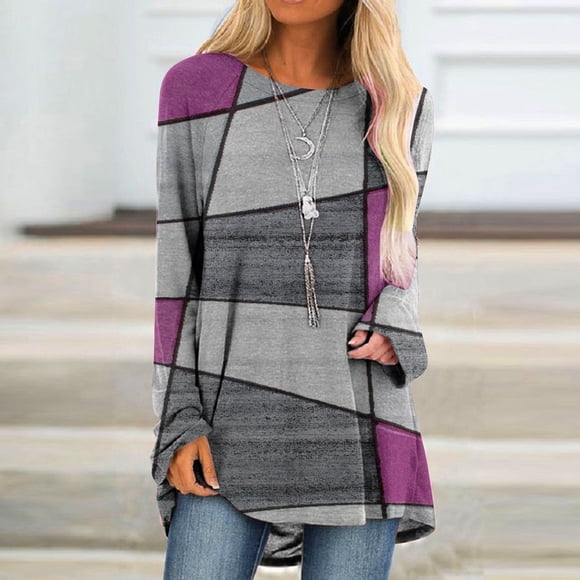 Meichang Womens Tunic Tops to Wear with Leggings Trendy Color Block T-Shirt Casual Crewneck Blouse Loose Long Sleeve Shirts Geometric Print Pullover Tunics