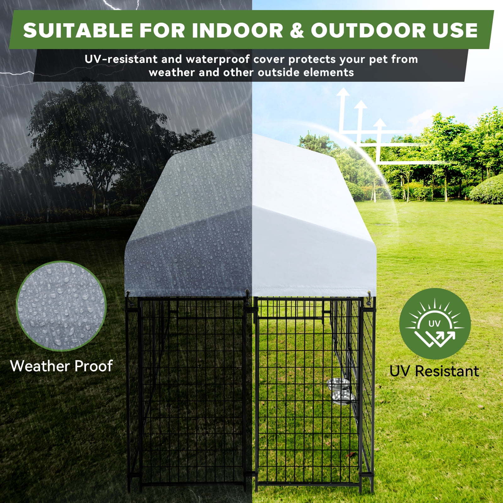 WOKEEN Large Dog Kennel Outside, 8'×4'×6',Welded Rectangular dog kennel outdoor with Waterproof Roof,2 Rotating Bowls & Secure Lock for Backyard （All Life Stages Dogs）