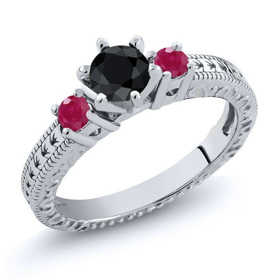 Gem Stone King 1.00 Ct Round Black Sapphire Red Ruby 925 Sterling Silver Ring (Size 6)