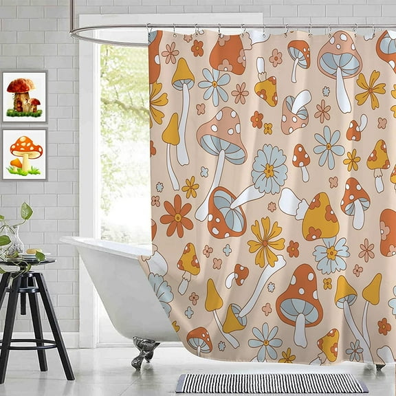 Cute Mushroom Shower Curtain,Retro Boho Floral Shower Curtains Set for Bathroom,70s Shrooms Funky Groovy Aesthetics Flowers Bath Curtain with 12 Hooks 72x72,Waterproof Fabric