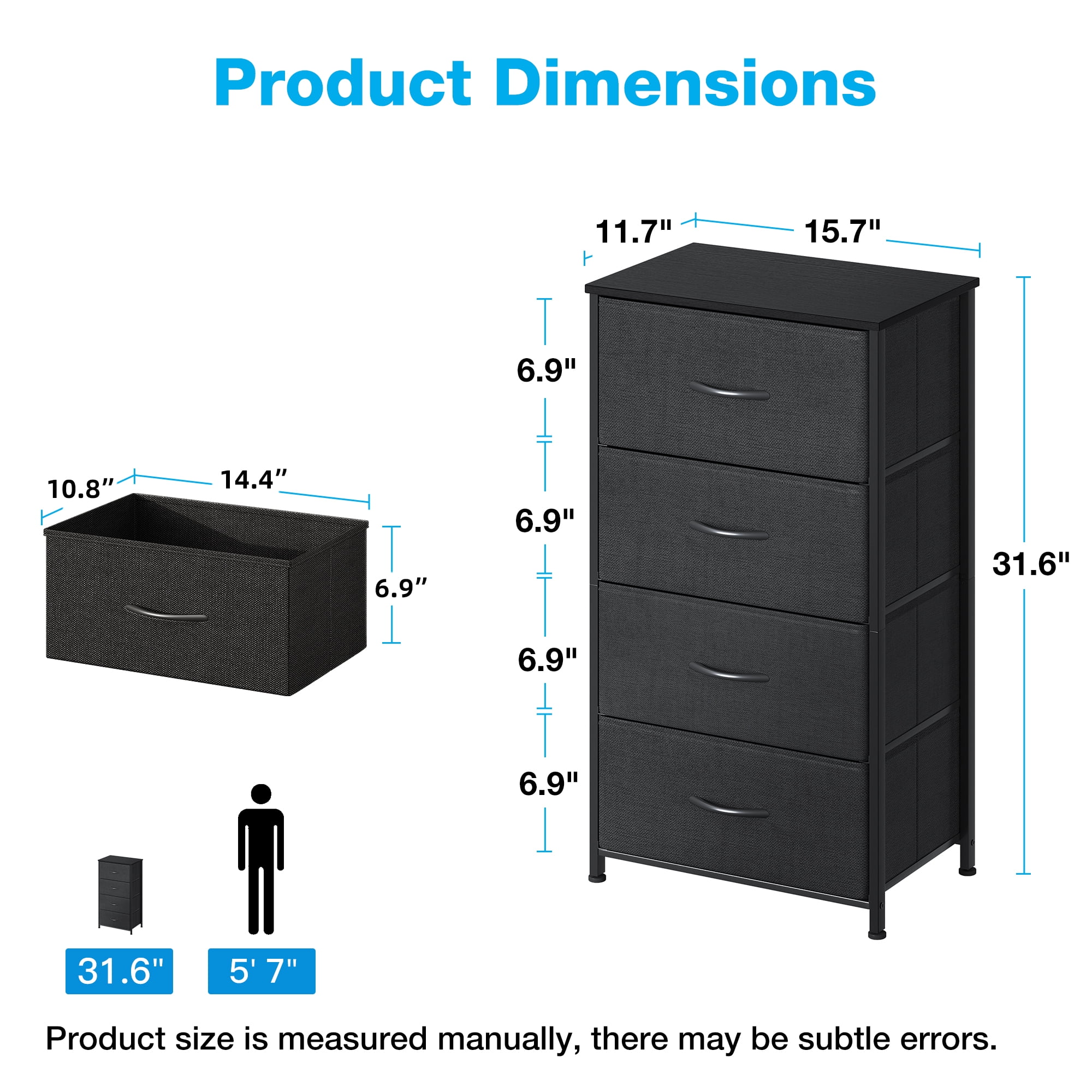 Casacomoda Dresser for Bedroom with 4 Storage Drawers, Small Dresser Chest of Drawers Fabric Dresser with Sturdy Steel Frame, Black