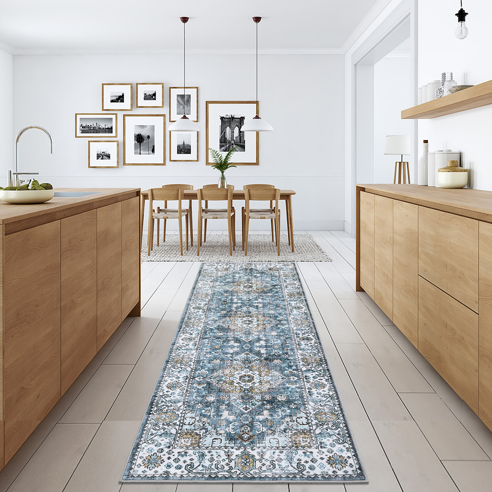 HOMERRY Modern Vintage Floral Washable 2' x 6' Runner Rug Non-Skid Low Pile Blue Boho Kitchen Doormat