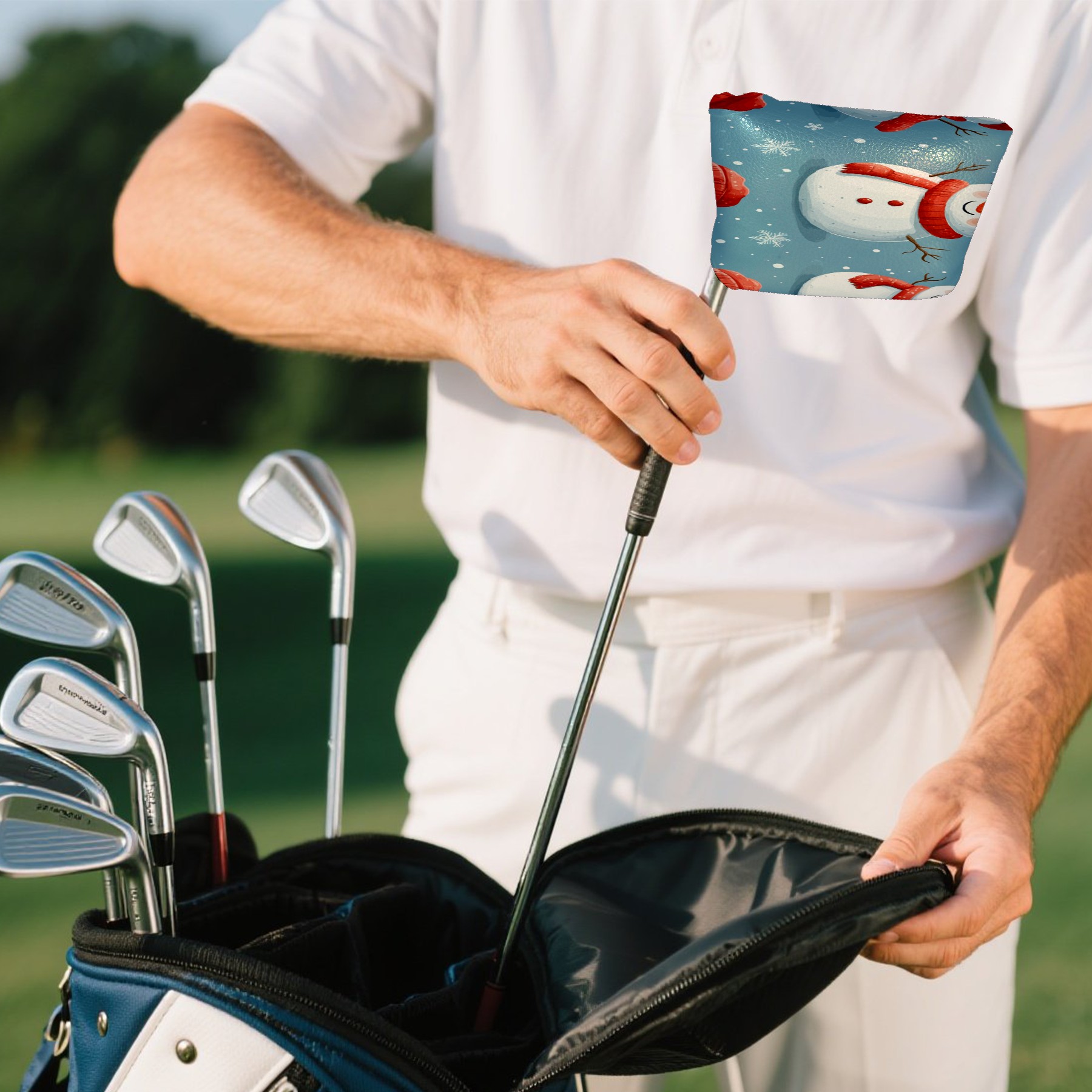Golf Mallet Putter Cover Premium Leather Waterproof Golf Putter Head Cover with Magnetic Closure Christmas Snowman