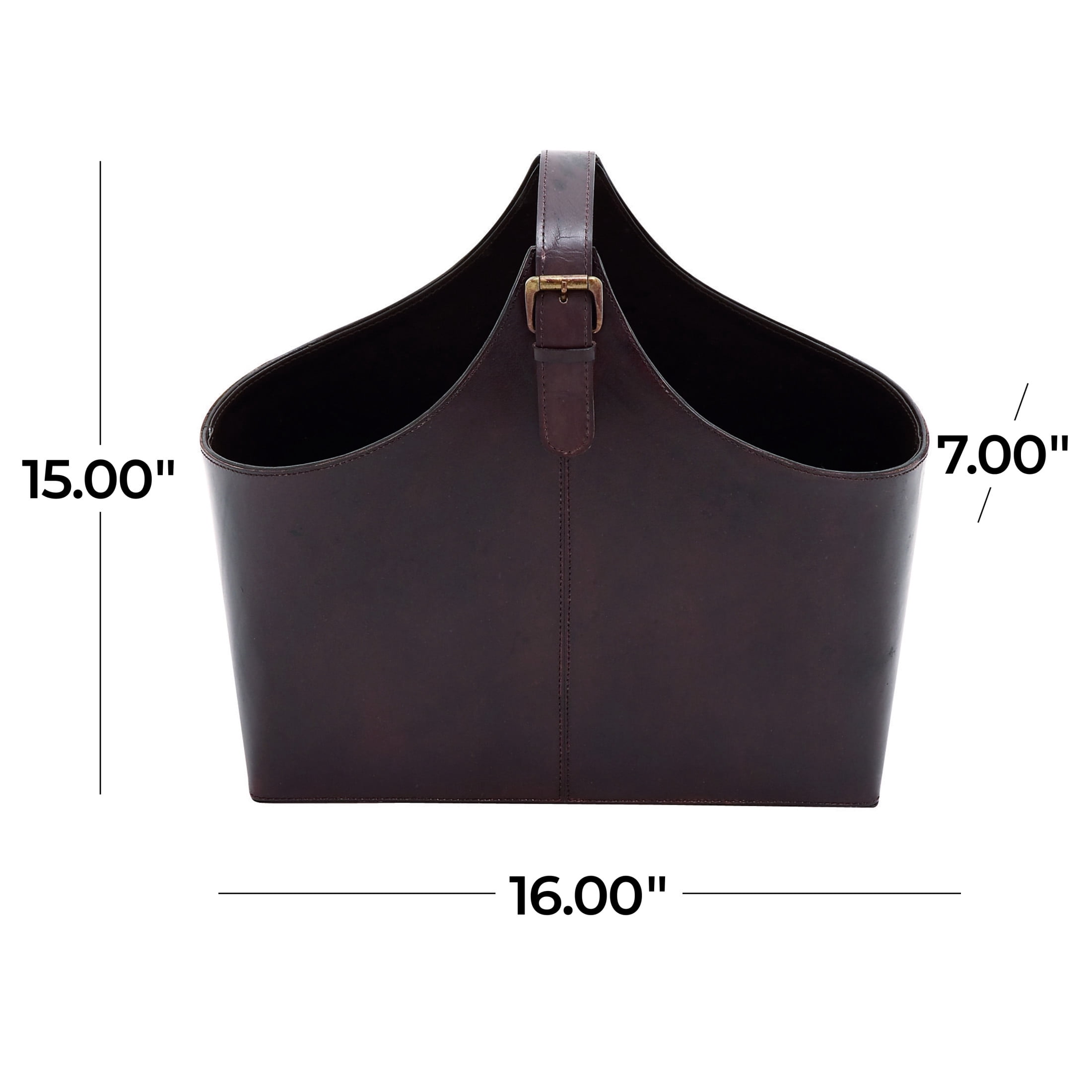 DecMode 15" Dark Brown Leather Handmade Box Style Magazine Holder with Detail Stitching and Curved Buckle Handle