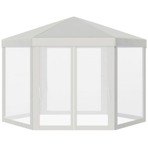 Outsunny Φ13' Hexagon Party Tent Patio Gazebo Outdoor Activity Event Canopy Quick Sun Shelter Pavilion with Netting Mesh Sidewall Cream White