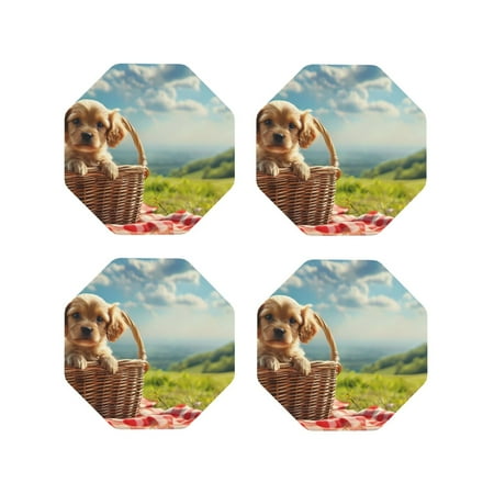 

Matuu Adorable Puppy Basket for Cup Coasters Set of 4 Leather Coasters Desk Coasters for Office Measures 4” x 4”-Octagon
