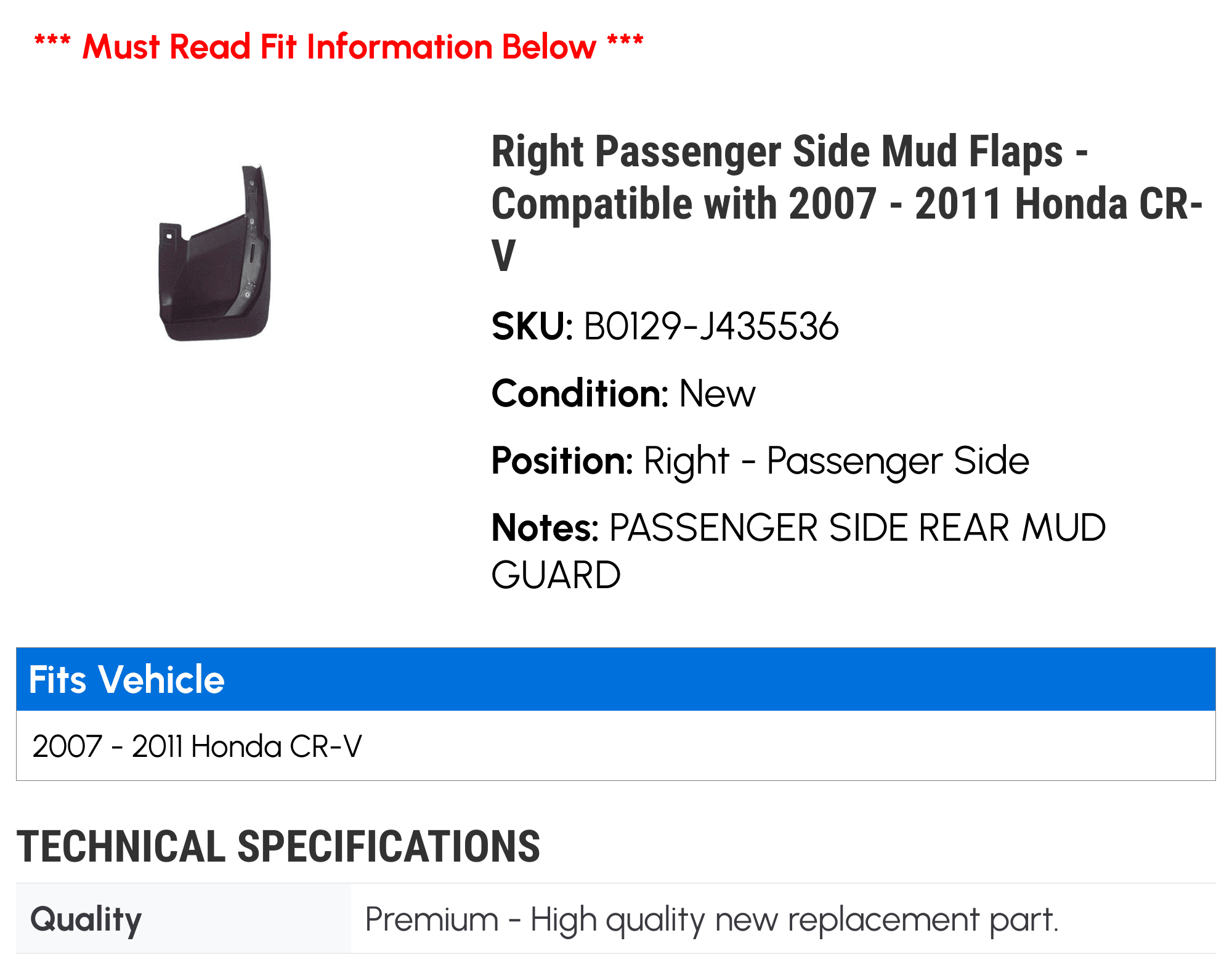 Right Passenger Side Mud Flaps - Compatible with 2007 - 2011 Honda CR-V 2008 2009 2010
