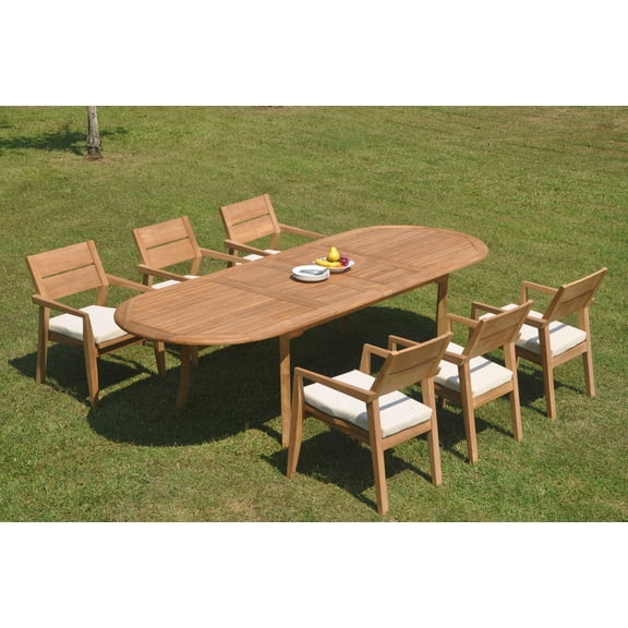 Grade-A Teak Dining Set: 6 Seater 7 Pc: 118" Double Extension Oval Table And 6 Vellore Stacking Arm Chairs Outdoor Patio WholesaleTeak #WMDSWVm