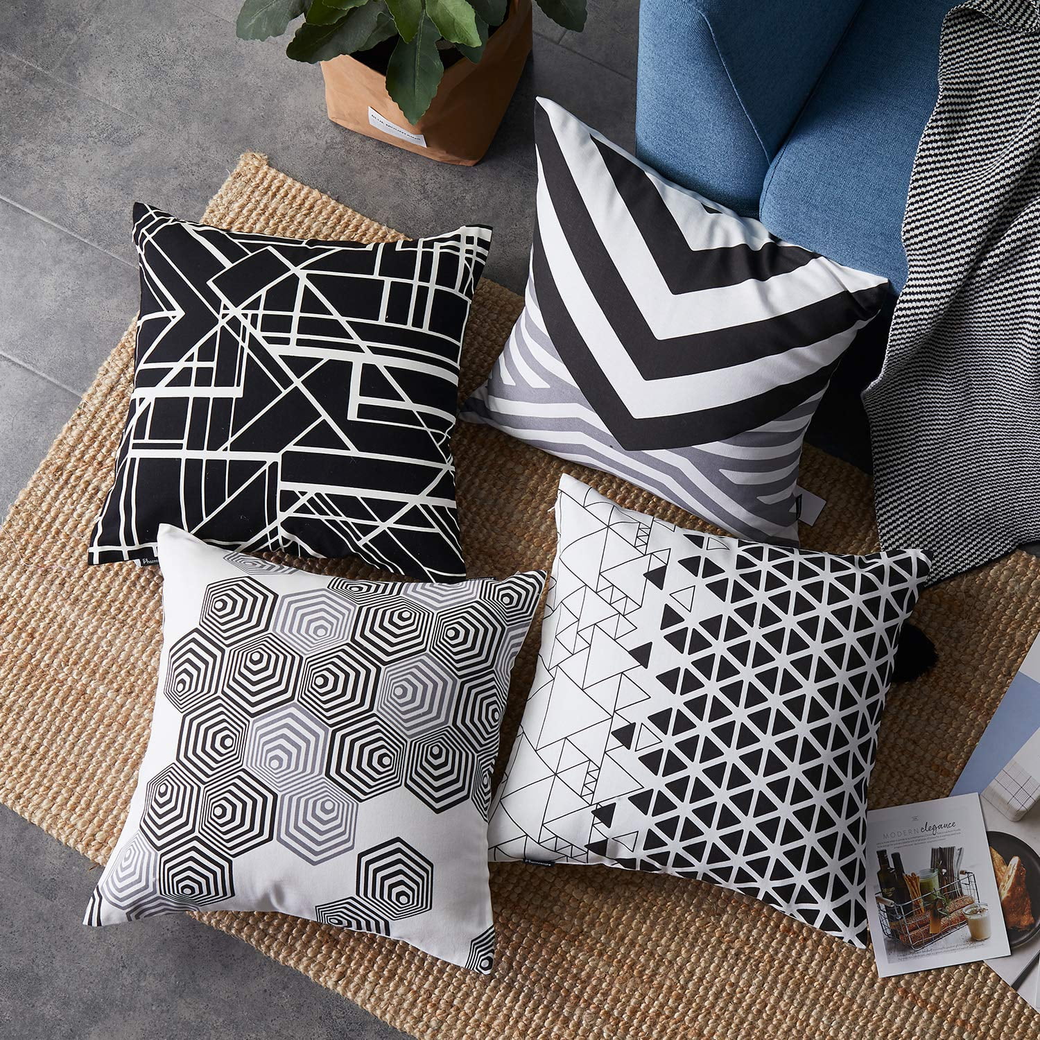 Phantoscope Geometric 100% Cotton Series Decorative Throw Pillow Cover, 18" x 18", Black, 4 Pack
