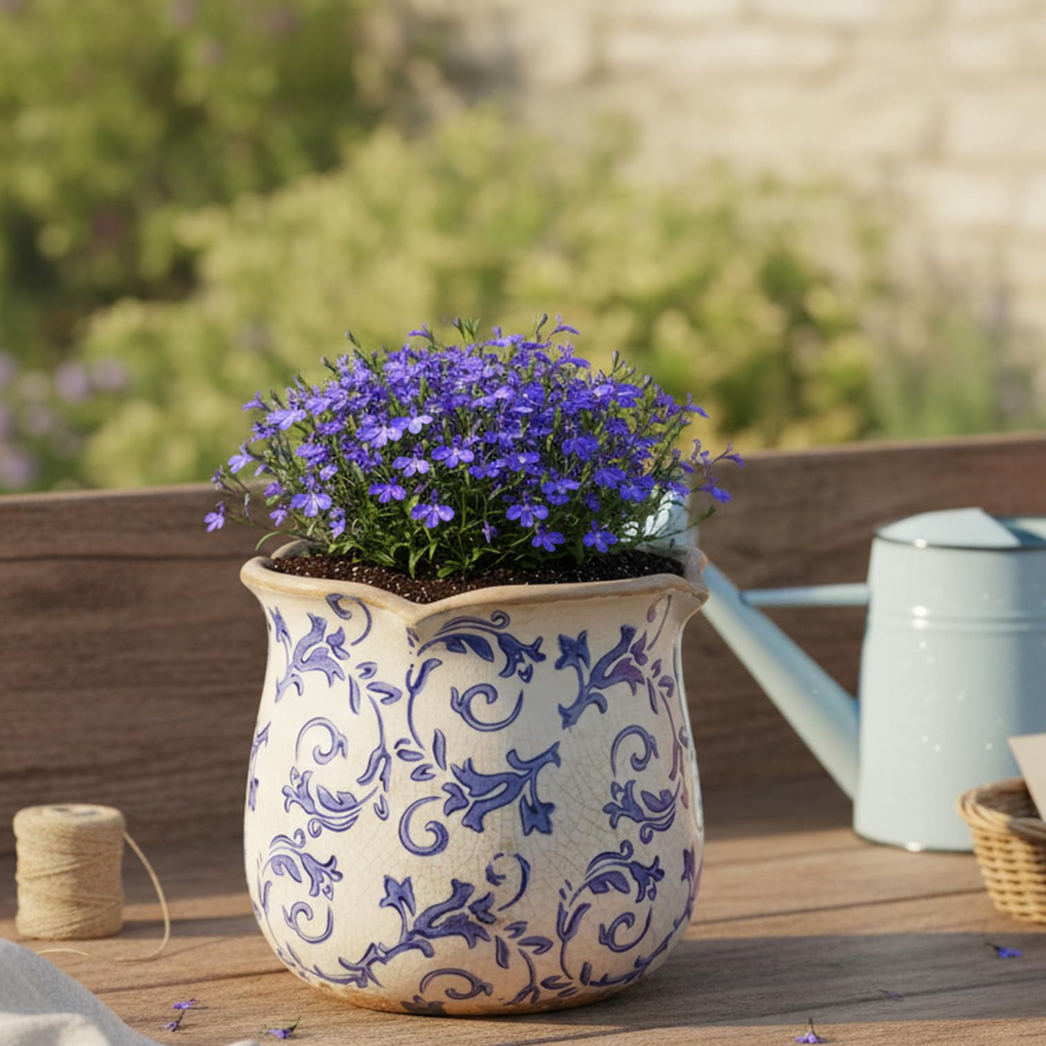 Ceramic Pots for Plants, Vintage Plant Pot with Drainage Hole, 6.11in. Planter for Indoor Plants, Crackle Glaze Finish Flower Pot, Perfect Ceramic Planter for Gardening, Red Blooms