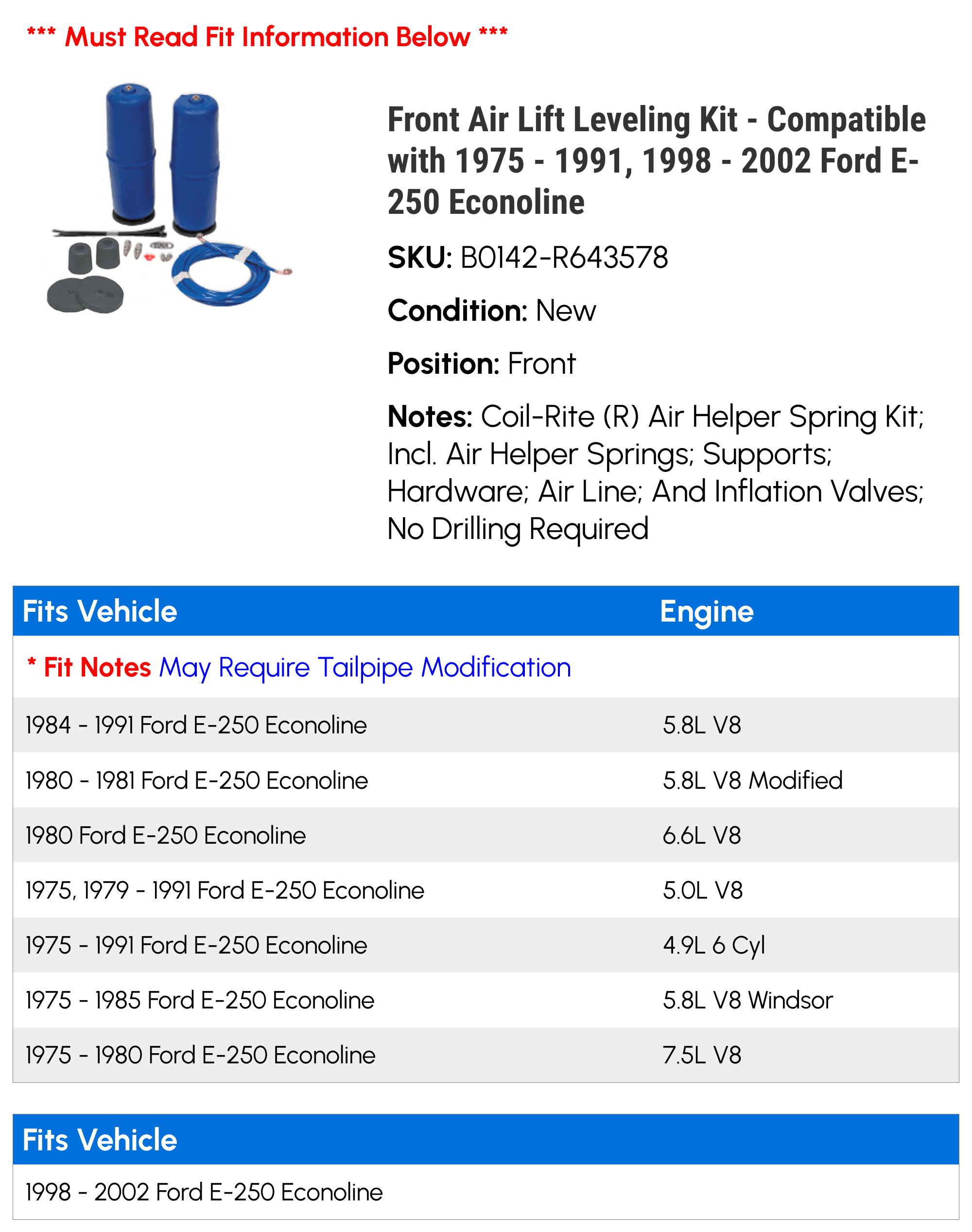 Front Air Lift Leveling Kit - Compatible with 1975 - 1991, 1998 - 2002 Ford E-250 Econoline 1976 1977 1978 1979 1980 1981 1982 1983 1984 1985 1986 1987 1988 1989 1990 1999 2000 2001