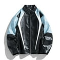 thumbnail image 3 of HOOMEUMY Mens Faux Leather Jacket 2025 Trendy Colorblocked Coat Stand Collar Design Zipper Closure Biker Motorcycle Streetwear Jacket Casual Workout Drop Shoulder Clothes Fashion Blue XXL, 3 of 6