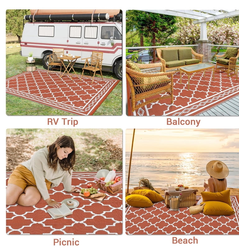 Towallmark 9x12 Outdoor Rug Waterproof, Reversible Plastic Straw Patio Mat with Carry Bag, Portable Camping Rugs for RV Backyard Deck, Easy Cleaning Outside Carpet for Picnic, Orange