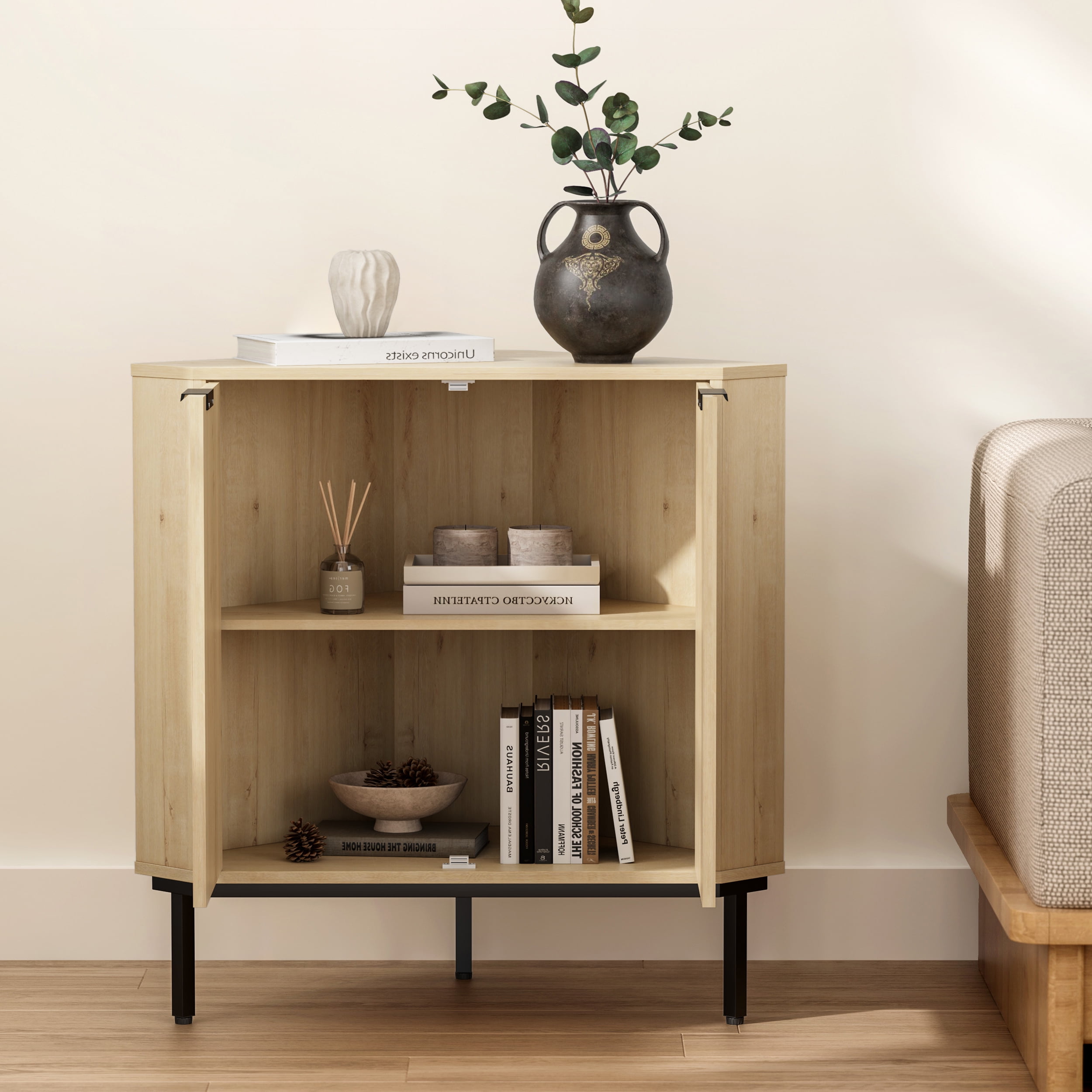 Joyyskill Modern Corner Cabinet, Fluted Small Floor Storage Cabinet with Adjustable Shelf, Freestanding Narrow Organizer for Living Room, Light Oak