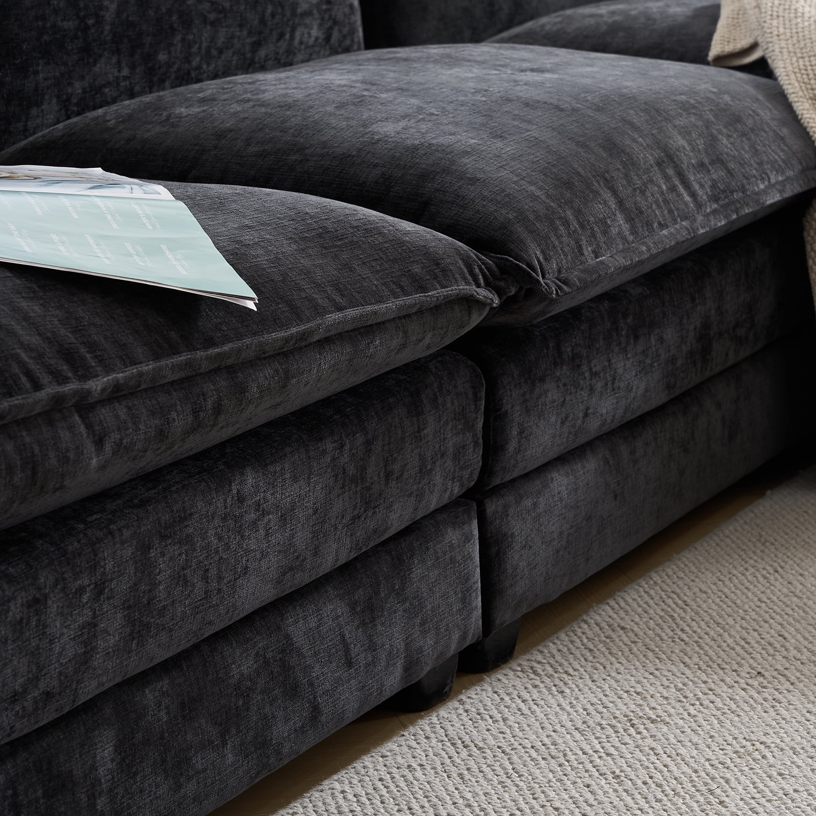 Ktaxon Sectional Sofa L Shaped Couch with Chaise Living Room Sleeper Set, 2 Seats with Chenille and Double Layer Cushions 86" W Black