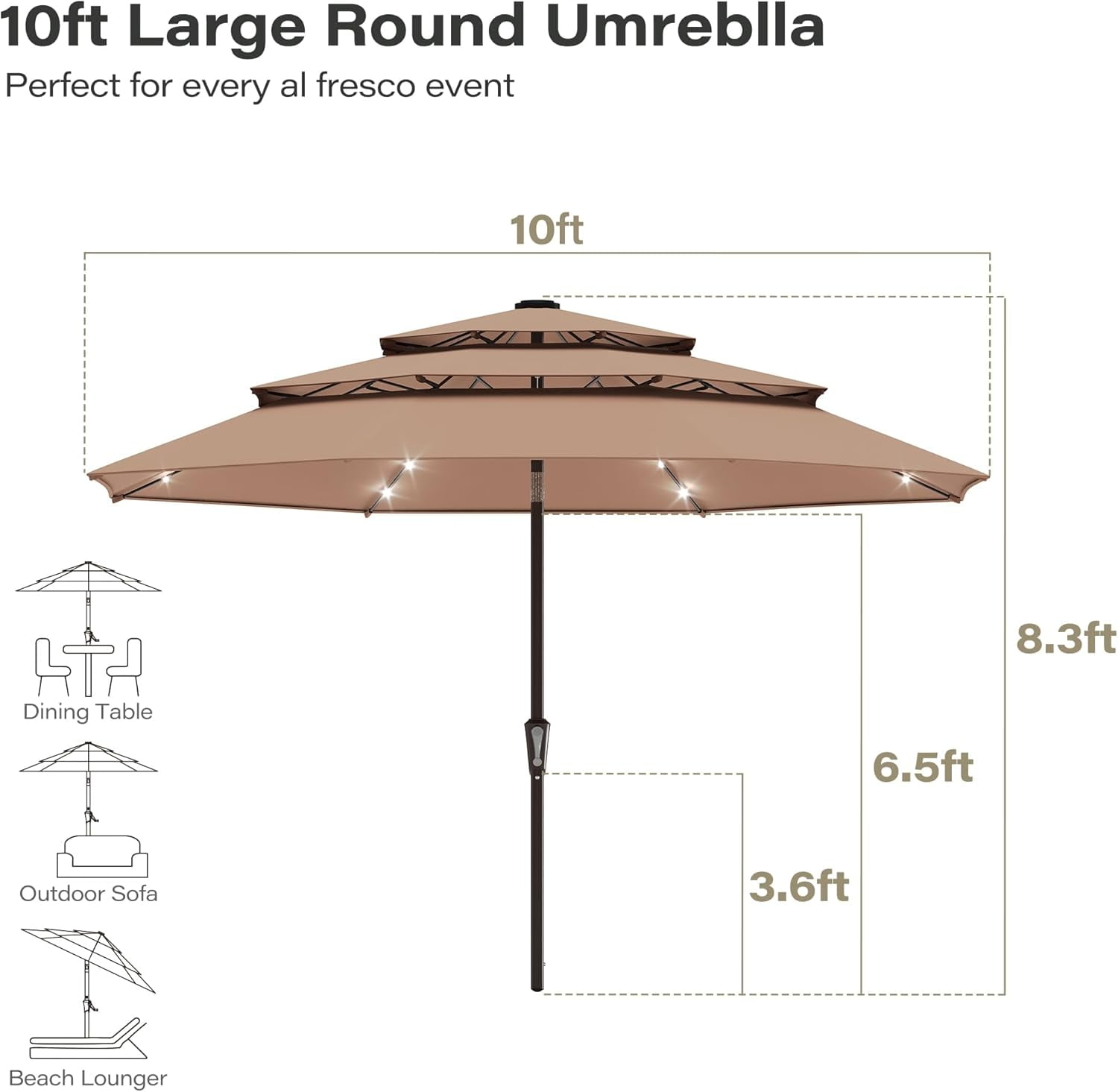 LAUSAINT HOME 10ft Patio Umbrella with Solar Lights, 3-tier Outdoor Umbrellas for Patio Pool Deck Market, Beige