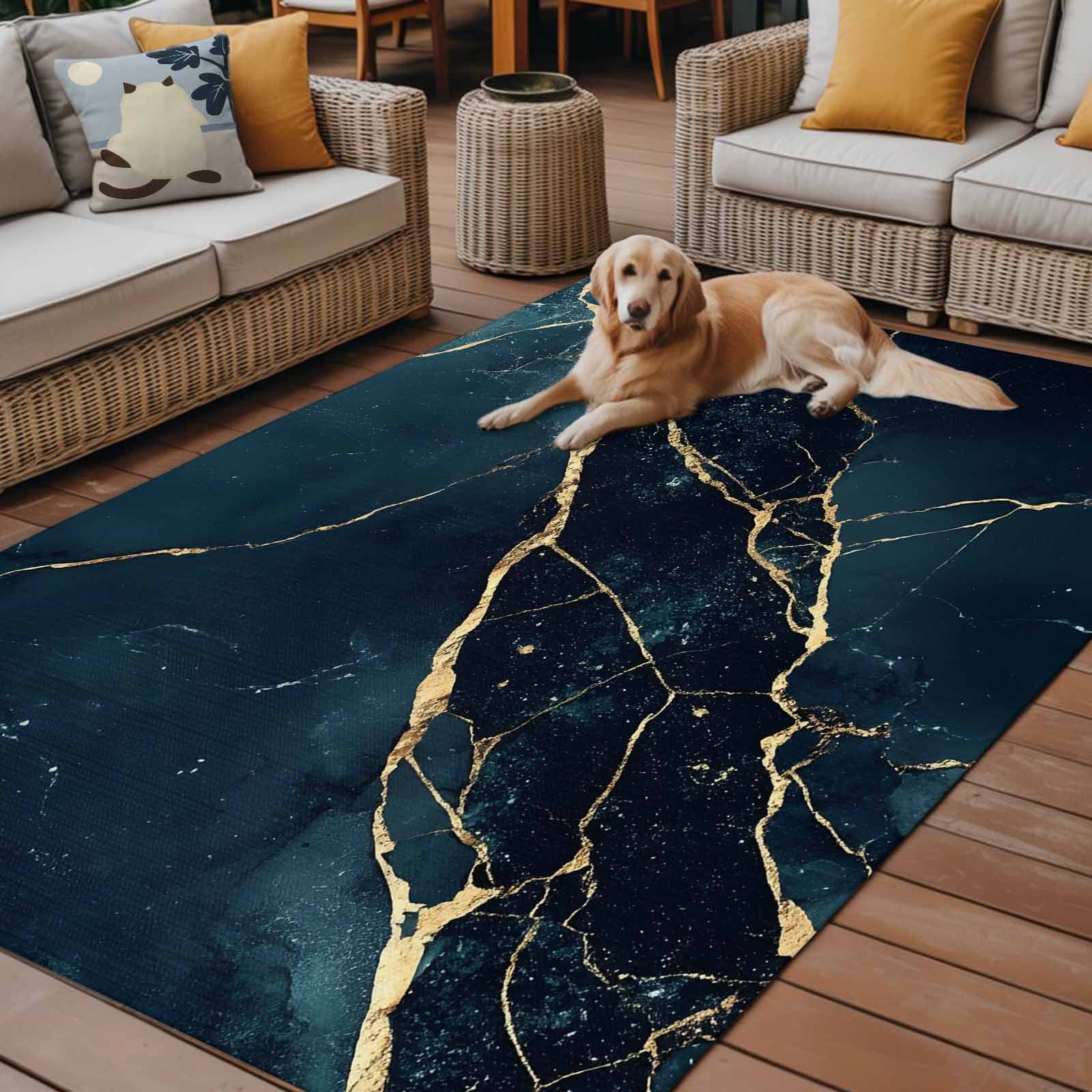 Outdoor Rug 5x8ft Green Marble Large Area Rug Golden Ripple Indoor Outdoor Carpet Outdoor Rugs Mats for Patio Camping,RV,Front Door, Outside Decor