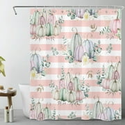 HVEST Autumn Farmhouse Harvest Shower Curtain for Bathroom,Fall Watercolor Pumpkin and Green Leaf Floral Fabric Shower Curtain with Hooks,Pink and White Striped Bathroom Curtain Shower Set, 60x72 inch