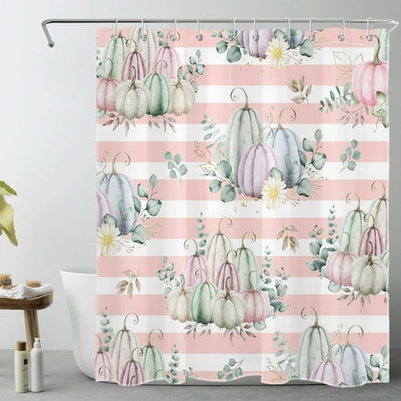 HVEST Autumn Farmhouse Harvest Shower Curtain for Bathroom,Fall Watercolor Pumpkin and Green Leaf Floral Fabric Shower Curtain with Hooks,Pink and White Striped Bathroom Curtain Shower Set, 60x72 inch