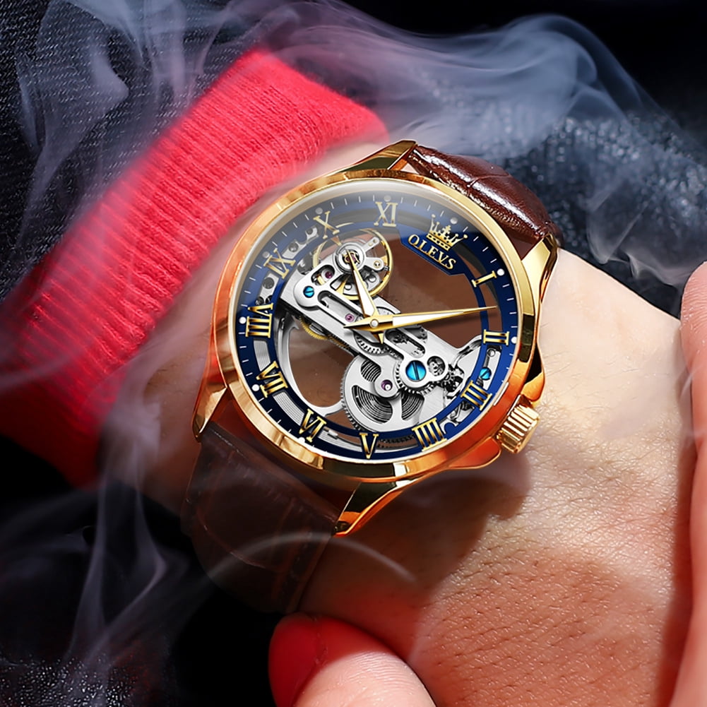 OLEVS Automatic Watches for Men Skeleton Brown Leather Band Large Face Self Winding Mechanical Mens Dress Watches Waterproof Easy to Read Luminous Business Casual Mens Wrist Watches Reloj Para Hombre