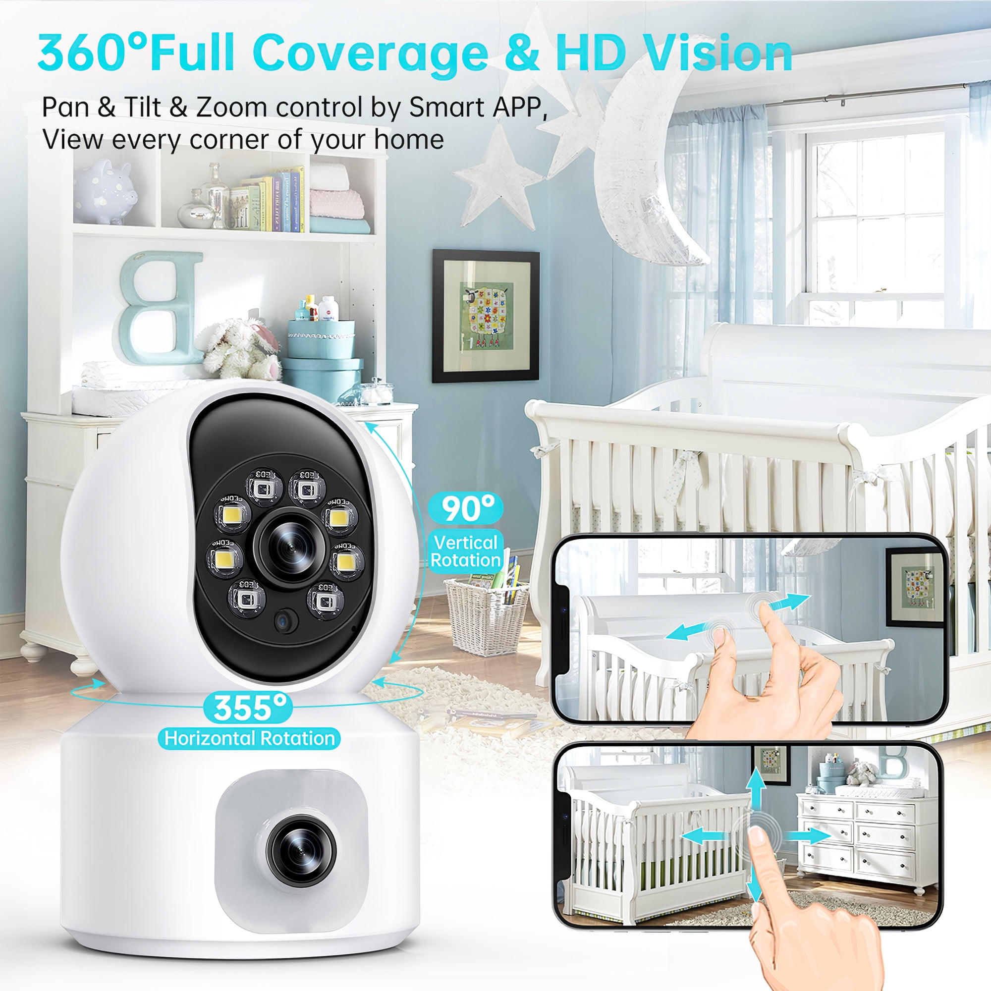 GPED Baby Monitor with Dual Cameras, 3K HD WiFi Security Camera W/ 360° PTZ & Fixed Camera,, Motion Tracking & Full-Color Night Vision for Baby Monitor/Pet Camera, 2-Way Audio for Baby Pet Elderly