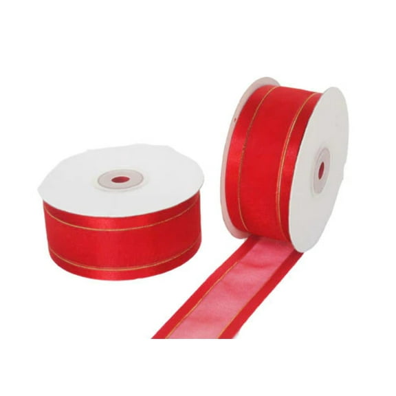 1-1/2" Satin Edge Organza Ribbon Red with Gold Lines 25 Yards