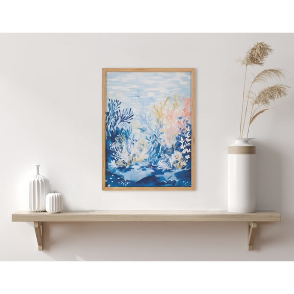 Kate and Laurel  Underwater Ocean Landscape Framed Wall Art by The Creative Bunch Studio, 12x16 Natural, Tropical Coral Reef Art for Wall