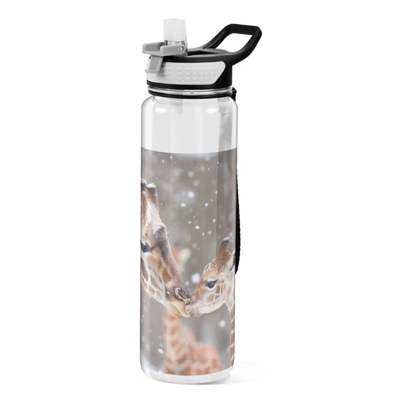 Mother and Baby Giraffes Sports Water Bottle Portable Travel Mug 32oz BPA Free Leak Proof Straw Transparent Tritan for Gym Yoga Cycling Camping